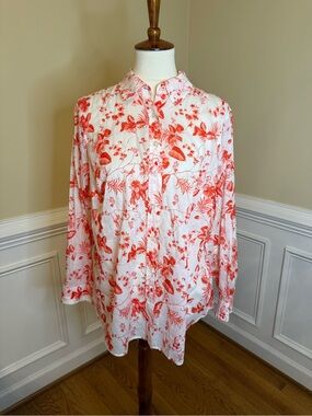 Talbots White Blouse with Coral Floral Print and Blue Trim